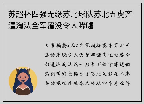 苏超杯四强无缘苏北球队苏北五虎齐遭淘汰全军覆没令人唏嘘